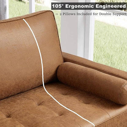 HIFIT 68" Faux Leather Couch Mid Century Modern Sofa Couch w/Tufted Deep Love Seat, 2 Pillows & Solid Wood Frame, Home Sofa Living Room Small Couches for Small Space, Bedroom, Office, Apartment, Brown