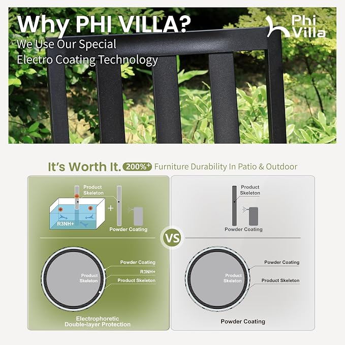 PHI VILLA 9 Pieces Outdoor Dining Set for 8, 57.5” Brown Wood-Like Square Metal Steel Table with Umbrella Hole & Stackable Wrought Iron Chairs, Large Outside Furniture for Patio, Deck, Yard, Porch