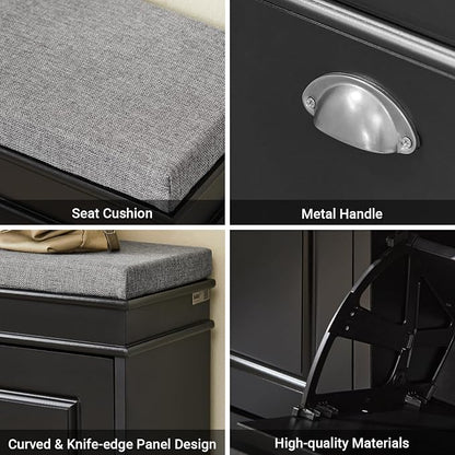 SoBuy Black Storage Shoe Bench with 2 Flip Drawers, Hidden Shoe Bench, Free Standing Shoe Rack, Shoe Cabinet, Hallway Storage Bench with Seat Cushion FSR64-SCH