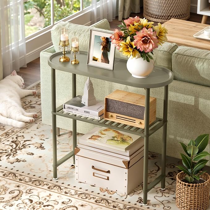 Small Console Table Bamboo 30.7", Modern Entryway Table Green 2-Tier, Narrow Console Table with Anti-Fall Edge, Small TV Stand for Bedroom, Indoor Plant Stand, Sofa Side Table 5min Easy Assembly