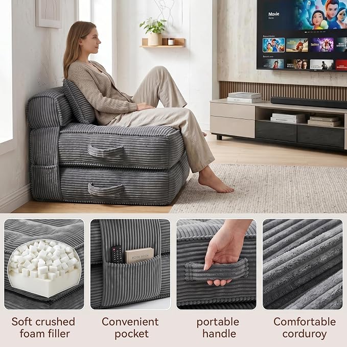 Folding Sofa Bed, Convertible Sleeper Chair with Pillow Foldable Mattress with Back Support, Portable Fold Out Chair Bed Comfy Floor Couch Lounge for Living Room Bedroom Apartment Single