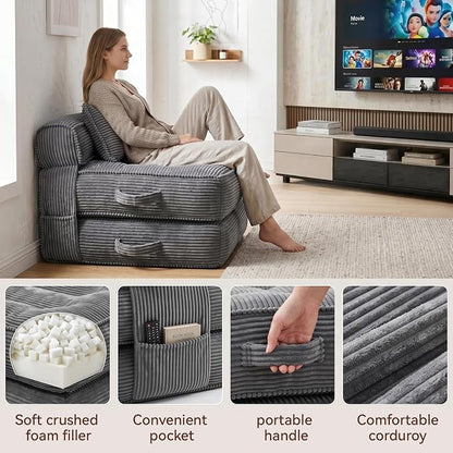 Folding Sofa Bed, Convertible Sleeper Chair with Pillow Foldable Mattress with Back Support, Portable Fold Out Chair Bed Comfy Floor Couch Lounge for Living Room Bedroom Apartment Single