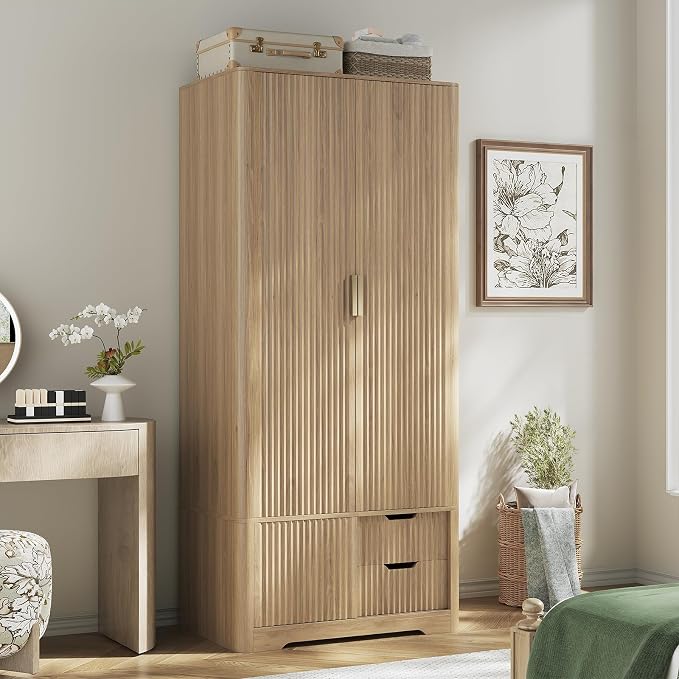 Vabches 71” Fluted Armoire Wardrobe Closet with 2 Doors and Drawers Tall Wooden Wardrobe Cabinet with Large Storage, Hanging Rod, 2 Shelves, Golden Metal Handle