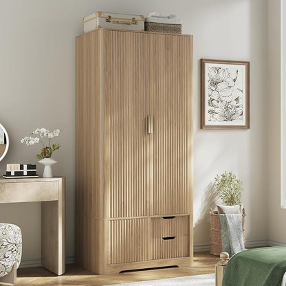 Vabches 71” Fluted Armoire Wardrobe Closet with 2 Doors and Drawers Tall Wooden Wardrobe Cabinet with Large Storage, Hanging Rod, 2 Shelves, Golden Metal Handle