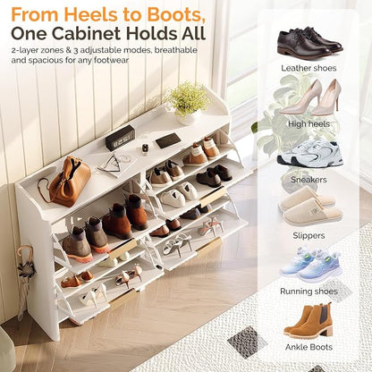 VINGLI 43.5" Large White Shoe Cabinet with 4 Flip Drawers, Slim Fluted Shoe Storage Cabinet with Unique Arched Side Panels, Modern Entryway Organizer with Gold Handles, Wide Shoe Rack for Hallway