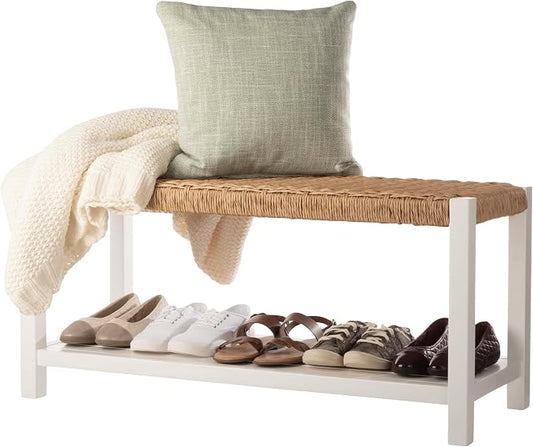 Alaterre Furniture Bench with Handcrafted Woven Rope Seat - Newport Collection 40-Inch Wood Bench with Storage Shelf for Entryway or Hallway - Indoor Furniture (White)