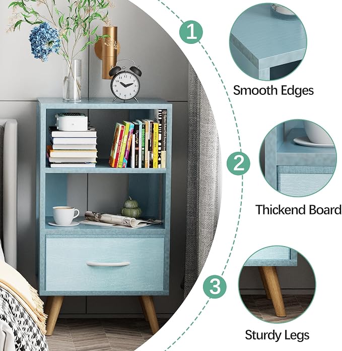 Aenuert Night Stand, Blue Nightstand with Drawer, Side Table with Open Storage, 3-Tier Modern End Table, Bedside Table for Small Space, Living Room, Bedroom