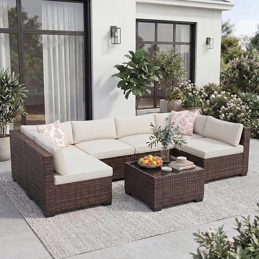 7 PCS Outdoor Sectional Furniture Set, Wicker Conversation Set Sofa, Brown | Freely combinable outdoor conversation sofa Weather resistant rattan wicker furniture Easy clean