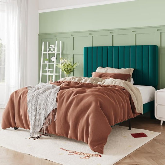 Allewie Twin Bed Frame, Velvet Upholstered Platform Bed with Adjustable Vertical Channel Tufted Headboard, Mattress Foundation with Strong Wooden Slats, Box Spring Optional, Easy Assembly, Teal