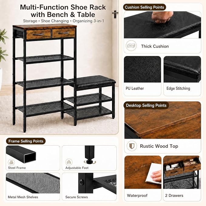 Shoe Rack Bench Shoe Rack for Entryway, Cushioned Entryway Shoe Storage with 2 Drawers & 5-Tier Organizer, Metal Frame Wood Top Narrow Space-Saving Hallway Organizer for Closet & Front Door