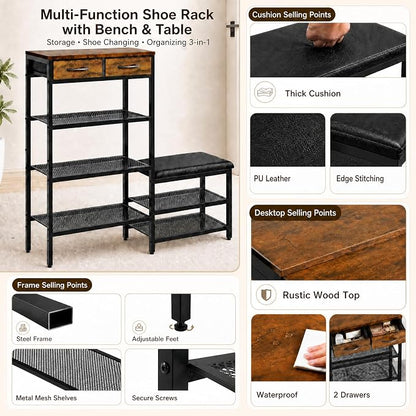 Shoe Rack Bench Shoe Rack for Entryway, Cushioned Entryway Shoe Storage with 2 Drawers & 5-Tier Organizer, Metal Frame Wood Top Narrow Space-Saving Hallway Organizer for Closet & Front Door