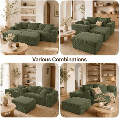 Claiks 94" Boneless Couch, Cloud Couch Sectional, U-Shape Corduroy Modular Sectional Sofa Deep Seat, Upholstered Couches for Living Room, No Assembly Required, Green