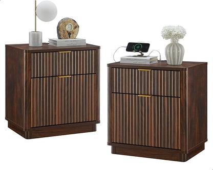 T4TREAM 23'' Fluted Nightstand Set of 2 with Charging Station, Large 2 Drawer Side Table, Modern End Table with Storage, Mid Century Bedside Table for Bedroom, Living Room, Curved Profile, Dark Walnut