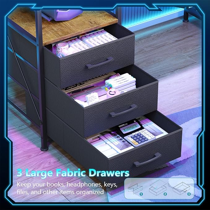 YOMILUVE L Shaped Gaming Desk with Drawers & Storage Shelves, Corner Gaming Desk with Power Outlets & LED Light, Reversible Computer Desk with Monitor Stand & Hooks, Rustic Brown