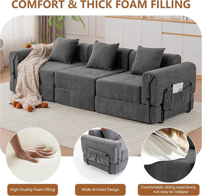Cloud Modular Sectional Sofa, Foldable Floor Couch Bed, Convertible Sleeper Sofa Bed, Fold Out Boneless Couches for Living Room, Office, Guest Room, Apartment (3 Seater Couch, Grey)