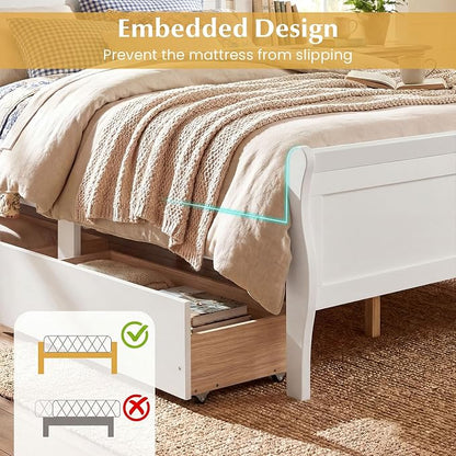 Giantex Queen Bed Frame with 2 Storage Drawers, Wood Platform Bed w/Headboard & Footboard, Wooden Slats Support Mattress Foundation, Sleigh Bedframe for Teens Adults, No Box Spring Needed (White)