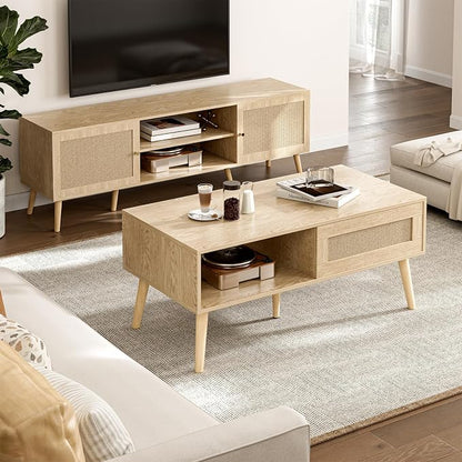 ZttRiee Rattan Coffee Table with Sliding Doors, Mid-Century, Natural | 39.4"L x 19.7"W x 16.5"H, 220 lbs capacity, 2 compartments, solid wood legs, ~30 min assembly