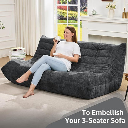 Hobestluk Giant Bean Bag Chair Faux Fur BeanBag Couch for Living Room | Darkgrey Chenille, 3-Seater,Ergonomic Design,Memory Foam,Anti-slip Bottom,No Assembly,Decorative Style for Living Room