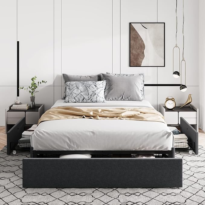 Allewie Queen Size Platform Bed Frame with 3 Storage Drawers, Fabric Upholstered, No Box Spring Needed, Metal Slats Support, Easy Assembly, Dark Gray