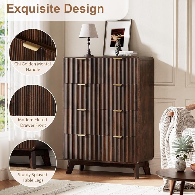 QUW Fluted 5 Drawers Dresser for Bedroom, Modern 40.2" Tall Drawer Dressers with Metal Handle, Wooden Chest of Dresser for Living Room, Hallway, Solid Wood Legs, Curved Profile Design, Dark Walnut