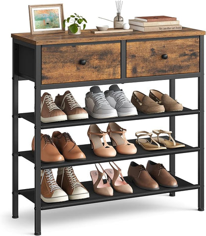 VASAGLE Shoe Rack, 4 Tier Shoe Storage Rack with 2 Fabric Drawers, Shoe Organizer for Entryway, with 3 Fabric Shelves and Wooden Top, Steel Frame, Modern Basic, Rustic Brown ULBS235KD01