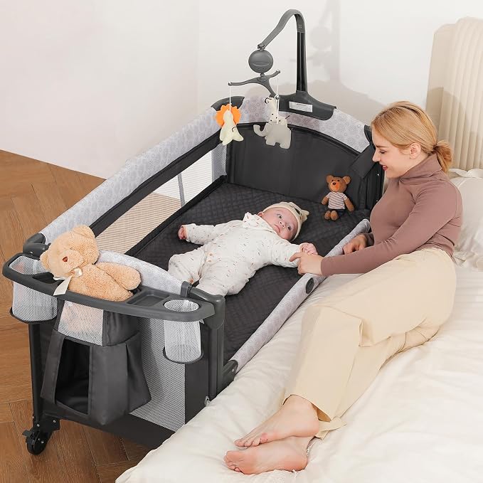 ELEMARA 4 in 1 Baby Bassinet Bedside Crib with Diaper Changer, Mattress, 1-Second Set up Bedside Bassinet with 3 Adjustable Height, Portable Crib with Storage/Toy Bar/Zip Door