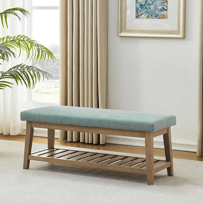 Zihanhome Entryway Shoe Bench with Cushion, End of Bed Bench,Upholstered Bench for Kitchen, Bench with Solid Wood Shelf, Fabric Ottoman Bench for Hallway, Living Room (Teal)