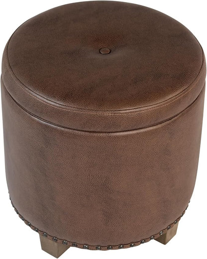 HomePop 18.5" Round Storage Ottoman with Nailheads - Brown Faux Leather