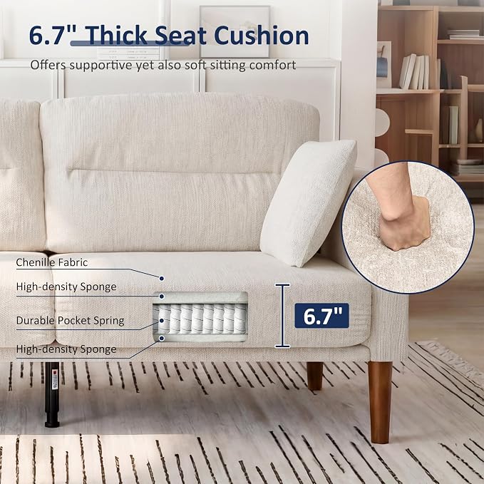 Vipbear 69" Loveseat Sofa,Modern Couches for Small Spaces,Beige Chenille Love Seat Couch for Living Room,Bedroom,Apartment,Office,Deep Seat,Armrest Tabletop,Throw Pillow