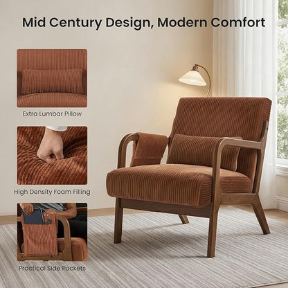DUMOS Mid Century Modern Accent Chair, Upholstered Armchair with Lumbar Pillow and Solid Wood Frame, Comfy Reading Chair for Small Living Room, Bedroom, Guest Room, Orange