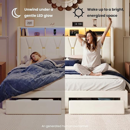 SHA CERLIN Velvet King Platform Bed Frame with 2 Storage Drawers, LED Storage Headboard with Charging Station, Wingback Upholstered, Noise Free, No Box Spring Needed, Easy Assembly, White