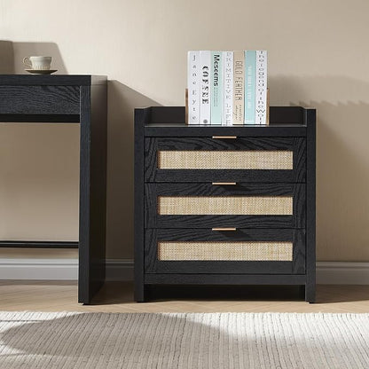 SICOTAS Nightstands Set of 2 Bedside Table - Larger Rattan Night Stand with Type-C Charging Station, 3 Drawers Storage - Boho Tall Night Stands End Table for Bedroom Office - Black Oak