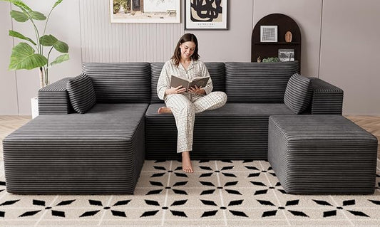 106" Cloud Sectional Boneless Couches for Living Room, Modular U Shaped Couch with Deep Seat, Removable Ottoman, Memory Foam Compressed Spineless 4 Seater Sofa for Bedroom Apartment, Grey