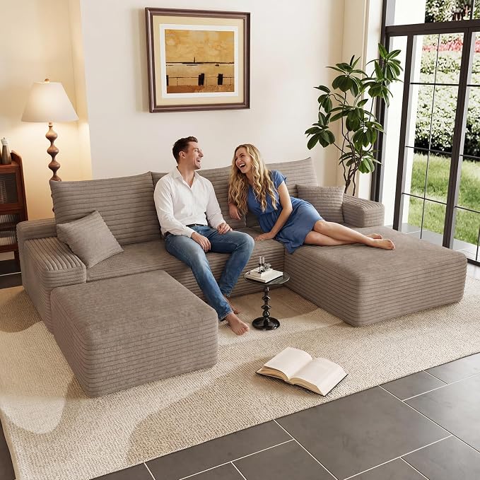 95" Cloud Sectional Couch U-Shaped Chaise with Ottoman, Corduroy Boneless Couch for Living Room Bedroom, Deep-Seat Upholstered Modular Cloud Sofa, No Assembly Required (Camel, Right Facing Chaise)