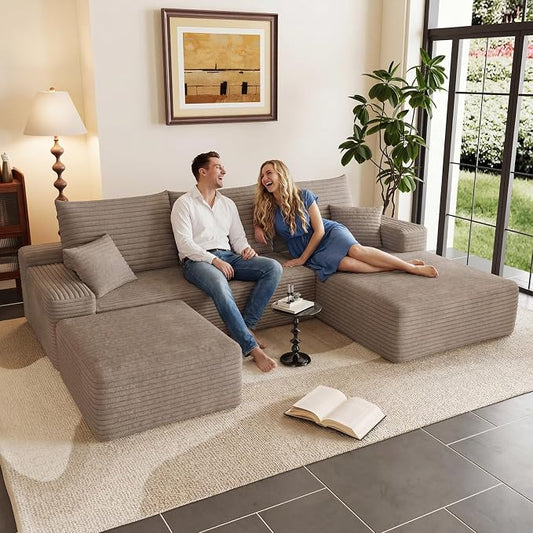95" Cloud Sectional Couch U-Shaped Chaise with Ottoman, Corduroy Boneless Couch for Living Room Bedroom, Deep-Seat Upholstered Modular Cloud Sofa, No Assembly Required (Camel, Right Facing Chaise)