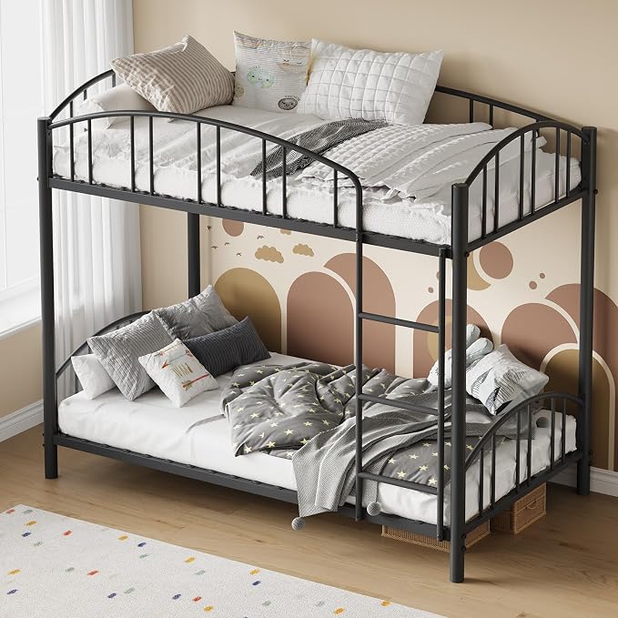 GarveeHome Metal Bunk Bed Twin Over Twin, Heavy Duty Bunkbeds Frame with Arched Guardrail and Safety Ladder, Sturdy Steel Bed for Kids Boys Girls, Space-Saving, No Box Spring Needed, Black