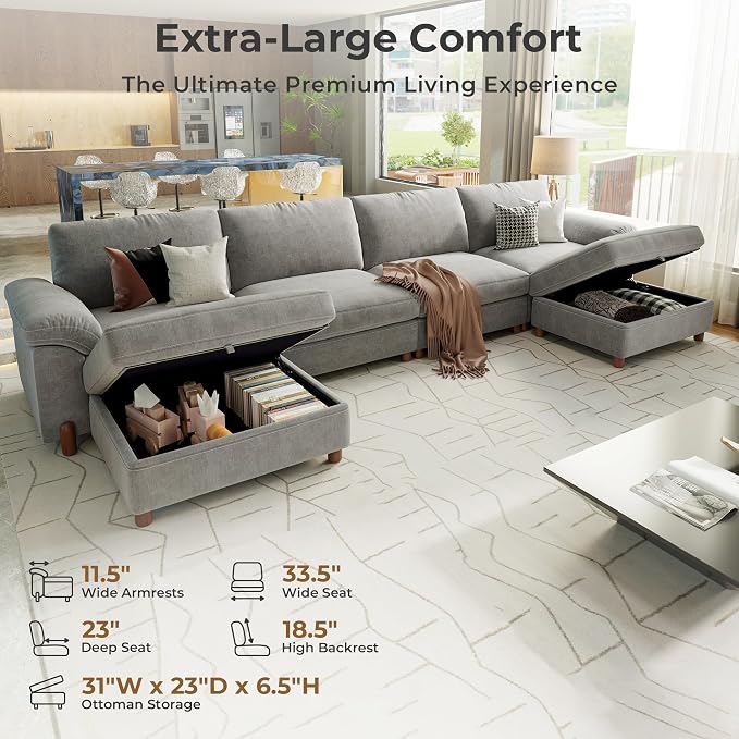 SITJOY Large Cloud Couch, 149" Wide 4 Seater U Shape, Light Gray Chenille | Detachable and Washable Chenille Cover Sectional Sofas for Living Room, Deep Seat Wide Couch with Chaise, Storage Ottoman