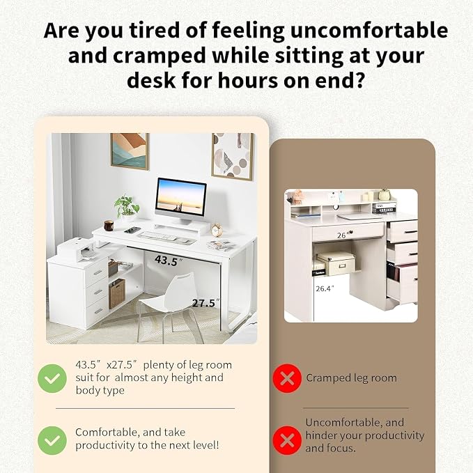 MaverickFurni 55" White Desk with Drawers and Shelves, Reversible L Shaped Desk with Monitor Stand, Home Office Desk with Storage for Work Writing Study, White