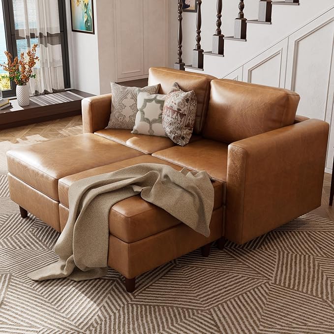 ABCASA Faux Leather Loveseat Sofa Sleeper Bed with Storage Seat, 64.6" Modular Sectional Couch Deep Seat with Reversible Chaise 2-Seat Brown