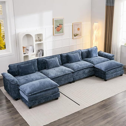 Oprisen 154" Modular Sectional Sofa, Comfy Cloud Couch Sectional Sofa with Ottoman, Chenille Sofa Sleeper Deep Seat Sofa with Throw Pillows for Living Room (Blue, 154"- U Shape)