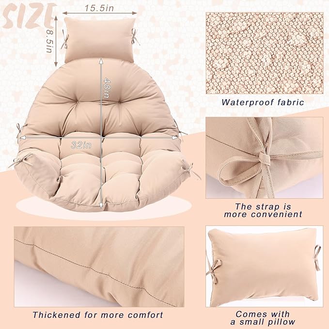 Tudomro Waterproof Egg Chair Cushion with Pillow Filling 2.58 kg Replacement Rocking Wicker Chair Cushion 48" x 32" High Back Hanging Swing Hammock Pad Thicken for Outdoor Patio Garden(Beige)