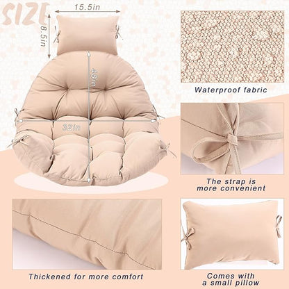 Tudomro Waterproof Egg Chair Cushion with Pillow Filling 2.58 kg Replacement Rocking Wicker Chair Cushion 48" x 32" High Back Hanging Swing Hammock Pad Thicken for Outdoor Patio Garden(Beige)