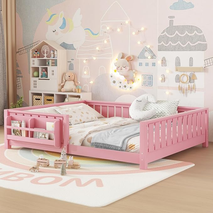 Bellemave Queen Size Floor Bed with Slats and Safety Guardrail, Queen Size Montessori Floor Bed with Fence and Built-in Bookshelf, Easy Assemble Montessori Beds for Girls, Boys, Pink