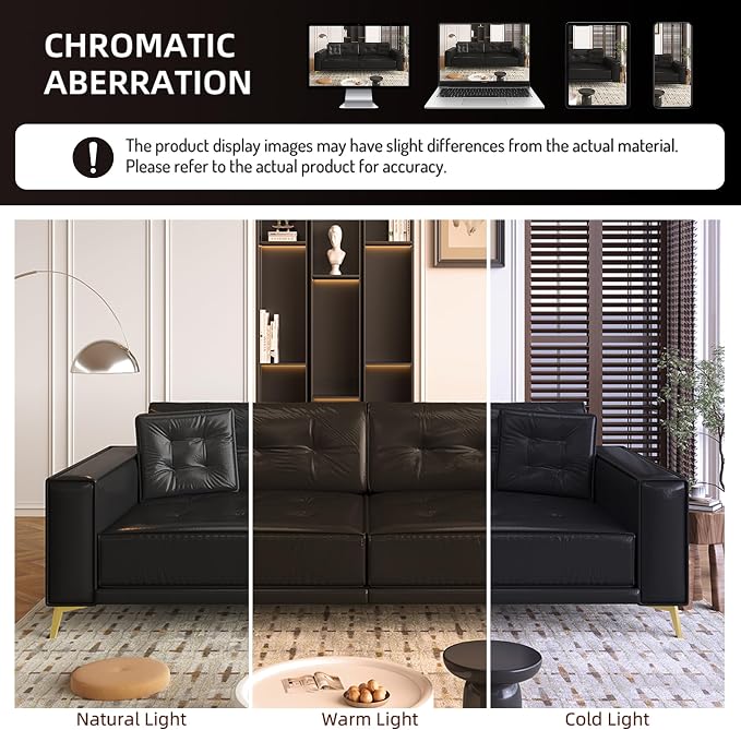 92.1'' King Pull out Sofa Bed, Convertible Futon Couch, 3-in-1 Faux Leather Sleeper Sofa with Tufted Back, 2 Pillows, Gold Legs, Deep Folding Loveseat Couches for Living Room, Apartment, Black
