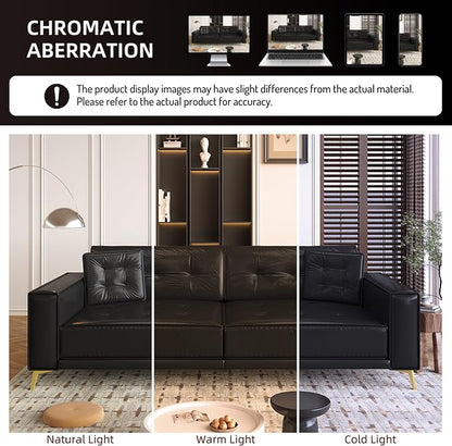 92.1'' Pull Out Sofa Bed King, Faux Leather Futon Couch, 3-in-1 Convertible Sleeper Sofa with Tufted Back, 2 Pillows, Gold Furniture Legs, Deep Loveseat for Living Room, Apartment, Black