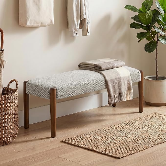 Usaint 42" End of Bed Bench, Modern Upholstered Bedroom Bench with Rubberwood Legs, Entryway Bench with Cushion, Dining Bench for Living Room, Bedroom, Light Brown with Walnut Leg