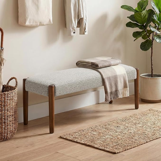 Usaint 42" End of Bed Bench, Modern Upholstered Bedroom Bench with Rubberwood Legs, Entryway Bench with Cushion, Dining Bench for Living Room, Bedroom, Light Brown with Walnut Leg