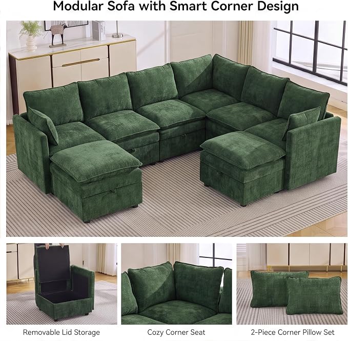 105" Green Modular Storage Sofa, U Shaped Chenille Couch with 2 Ottomans | Oversized Convertible Sectional Sofa, 6-Seat Sectional Couch With 2 Ottomans, Large Cloud Couch For Living Room, Apartment.