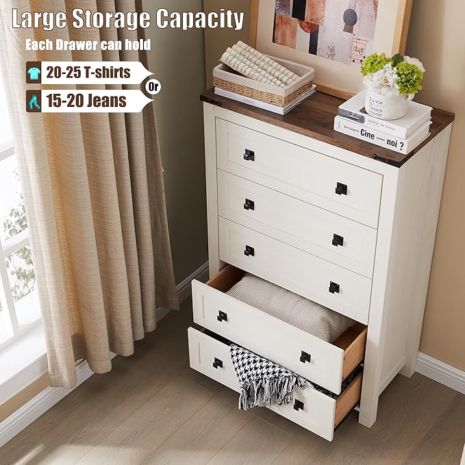 T4TREAM 48" Tall Farmhouse 5-Drawer Dresser for Bedroom, Antique White | Rustic chests of drawers, Wood Storage Cabinet, Metal Handle, Unique Corner Accent, Bedroom, Living Room, Hallway