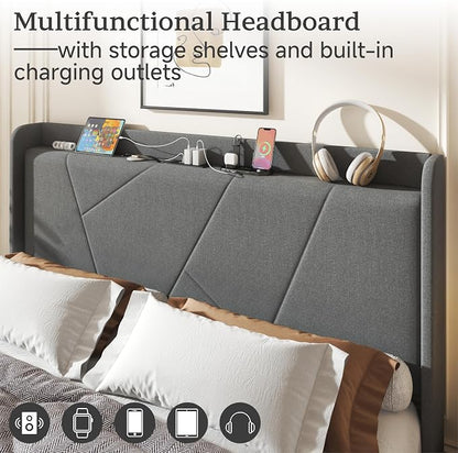 Full Size Linen Bed Frame, Storage Headboard with Charging Station, Upholstered Platform Bed with Wooden Slats Support, Solid and Stable, Noise Free, No Box Spring Needed, Easy Assembly, Gray